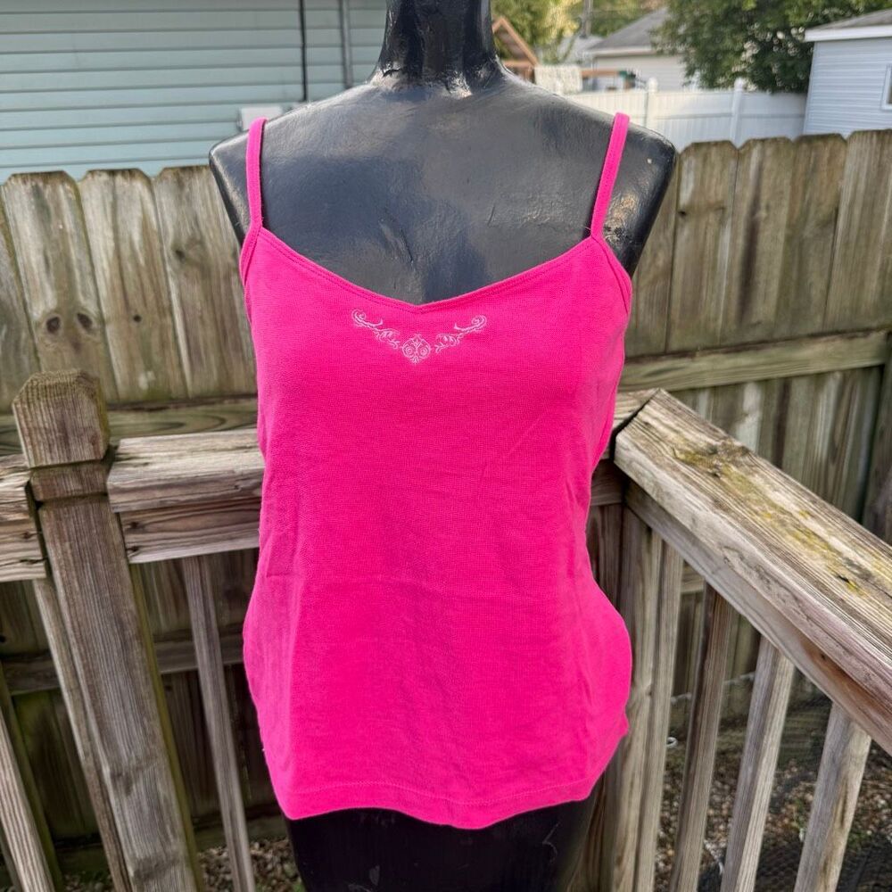 Y2K Faded Glory Hot Pink Scroll Detail Spaghetti Strap Cami Tank Top NWT Large